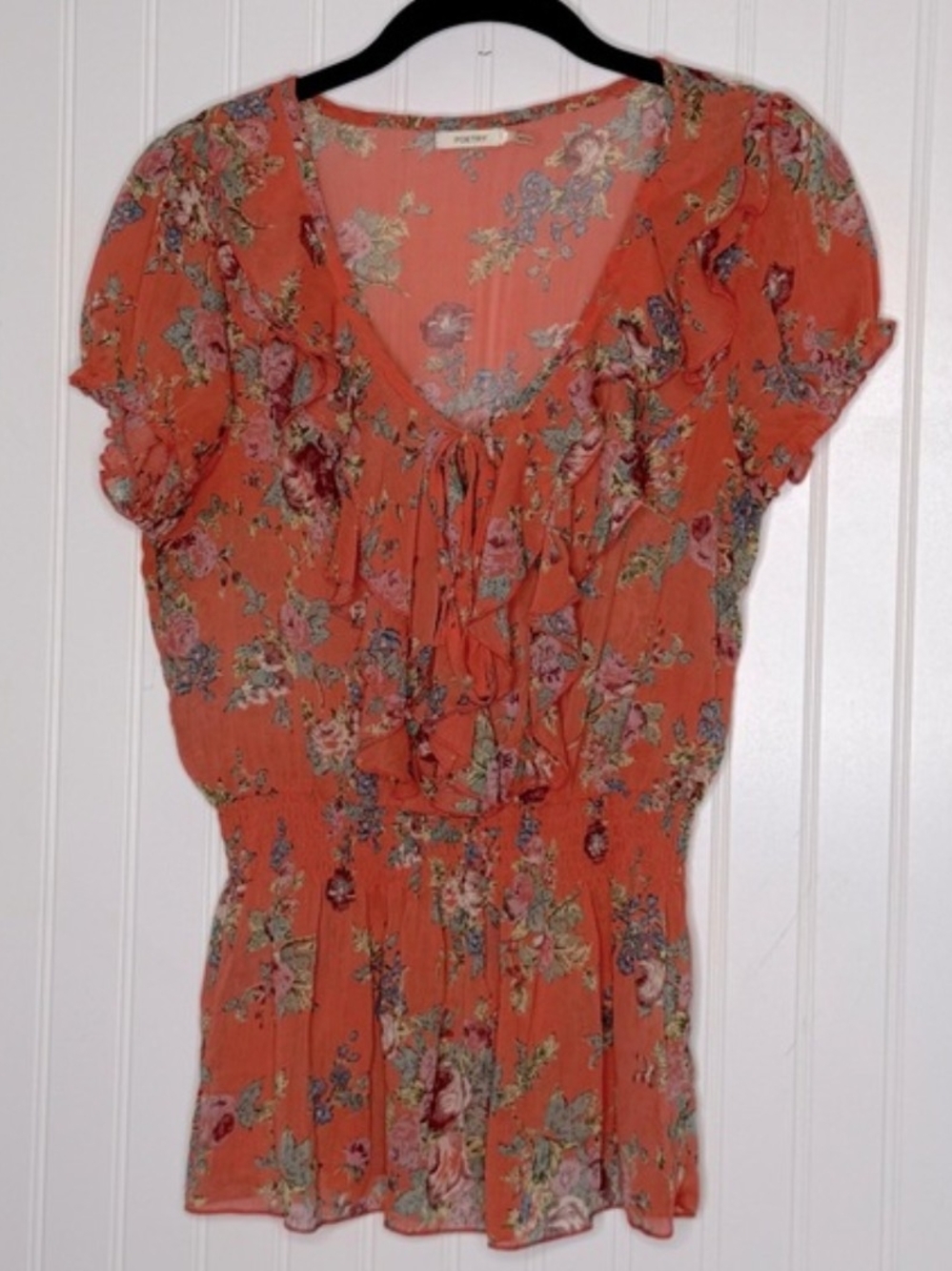 Anthropologie Poetry Floral Ruffle Tie-Front Blouse